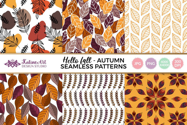 Hello fall autumn leaves seamless pattern seasonal bundle. Autumnal leaf surface pattern design for textile and crafting Digital Pattern KatineArt 