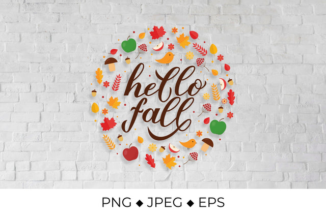 Hello fall calligraphy in circle frame of leaves and acorns Sublimation LaBelezoka 