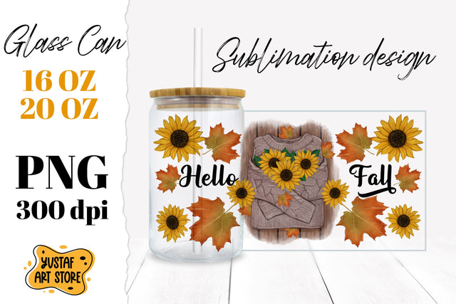 Hello Fall Glass Can wrap. Fall maple leaves & sunflower Sublimation Yustaf Art Store 