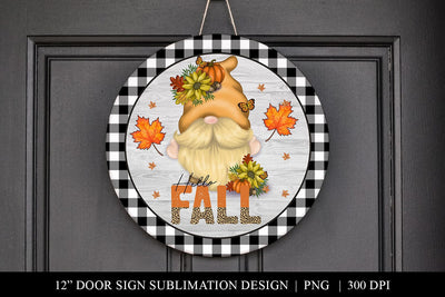 Hello Fall Gnome Round Door Sign, Gnome Autumn Door Hanger Sublimation BijouBay 