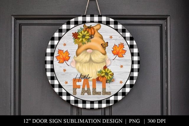 Hello Fall Gnome Round Door Sign, Gnome Autumn Door Hanger Sublimation BijouBay 