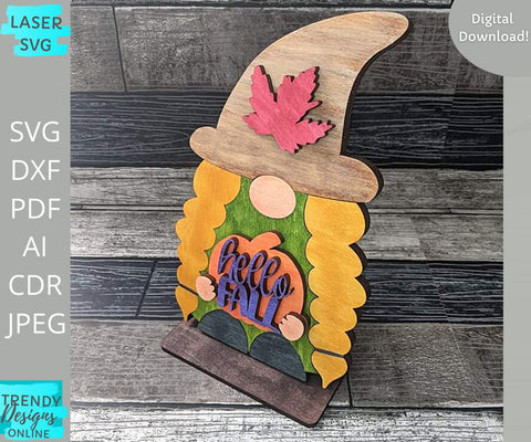 Hello Fall Gnome Shelf sitter Glowforge laser cut svg SVG Trendy Designs Online 