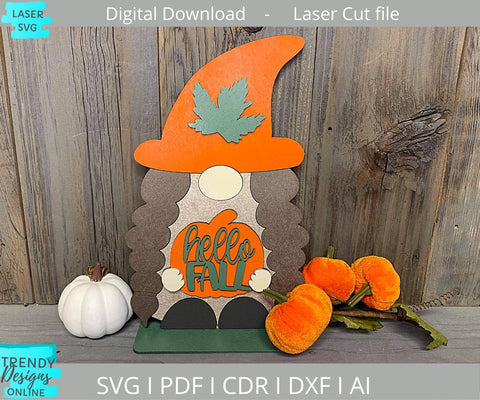 Hello Fall Gnome Shelf sitter Glowforge laser cut svg SVG Trendy Designs Online 