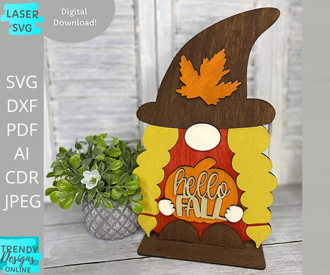 Hello Fall Gnome Shelf sitter Glowforge laser cut svg SVG Trendy Designs Online 