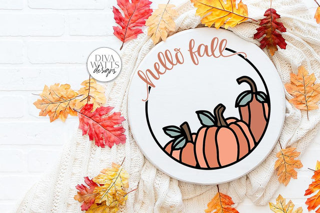 Hello Fall Pumpkin Trio SVG | Autumn Round Sign Design SVG Diva Watts Designs 