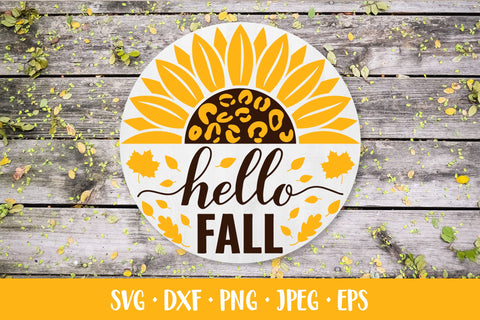 Hello fall round sign SVG. Sunflower leopard. Autumn decor SVG LaBelezoka 