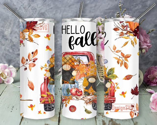 Hello Fall Sublimation Design PNG, Autumn Design 20 oz Skinny Tumbler, Fall Gnomes Tumbler, Cute Funny Design Sublimation DesignSVG 