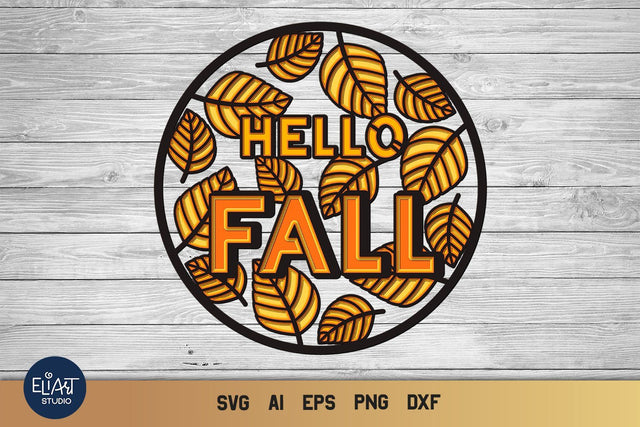Hello Fall SVG, 3d Layered Leaf SVG, Porch Sign SVG. 3D Paper Elinorka 