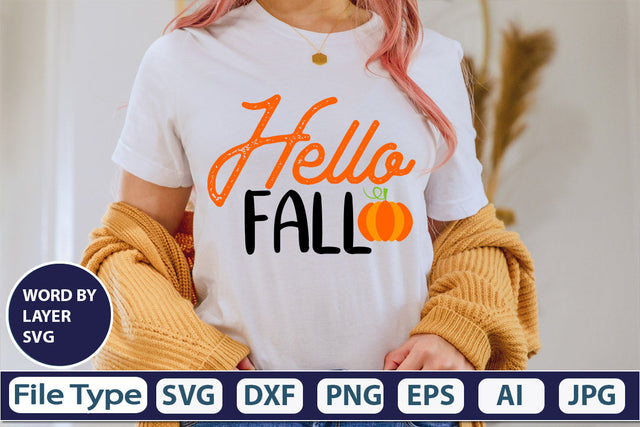 Hello Fall SVG Cut File SVGs,quotes-and-sayings,food-drink mini-bundles,print-cut,on-sale Clipart Clip Art Sublimation or Vinyl Shirt Design SVG DesignPlante 503 