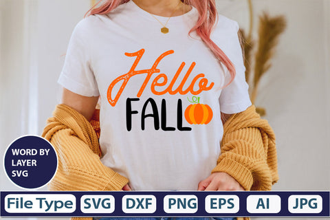 Hello Fall SVG Cut File SVGs,quotes-and-sayings,food-drink mini-bundles,print-cut,on-sale Clipart Clip Art Sublimation or Vinyl Shirt Design SVG DesignPlante 503 