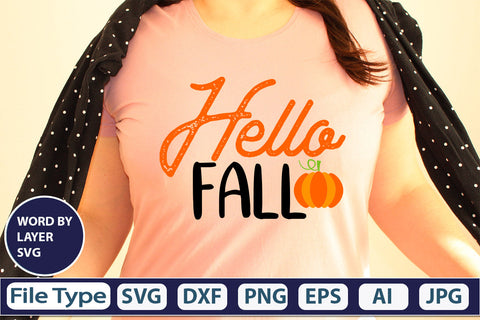 Hello Fall SVG Cut File SVGs,quotes-and-sayings,food-drink mini-bundles,print-cut,on-sale Clipart Clip Art Sublimation or Vinyl Shirt Design SVG DesignPlante 503 
