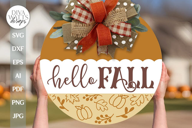 Hello Fall SVG Door Hanger Fall Sign For Autumn Door Hanger Fall Welcome SVG Cricut Cut File For Fall Pumpkin Pattern SVG Hello Fall File SVG Diva Watts Designs 