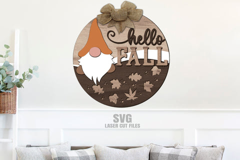 Hello Fall SVG | Gnome SVG Laser Cut Files | Fall Door Sign SVG Cloud9Design 