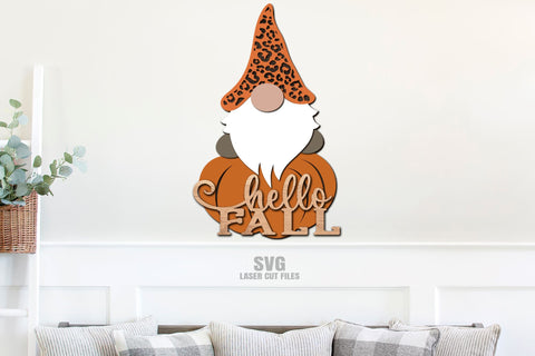 Hello Fall SVG Laser Cut Files | Gnome SVG Fall Door Sign SVG Cloud9Design 