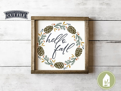 Hello Fall SVG | Pinecone Wreath SVG | Round Farmhouse Sign Design SVG LilleJuniper 