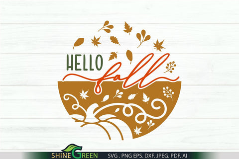 Hello Fall SVG Pumpkin Round Sign for Home, Farmhouse Porch SVG Shine Green Art 