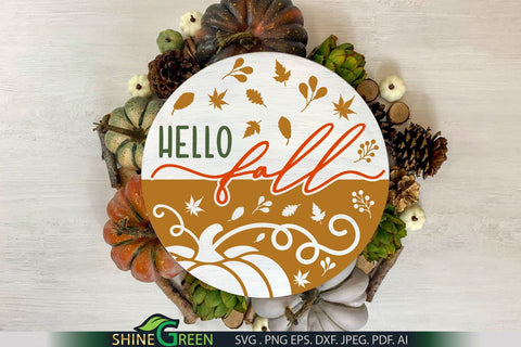 Hello Fall SVG Pumpkin Round Sign for Home, Farmhouse Porch SVG Shine Green Art 