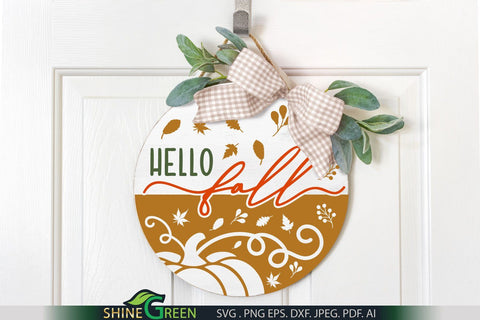 Hello Fall SVG Pumpkin Round Sign for Home, Farmhouse Porch SVG Shine Green Art 