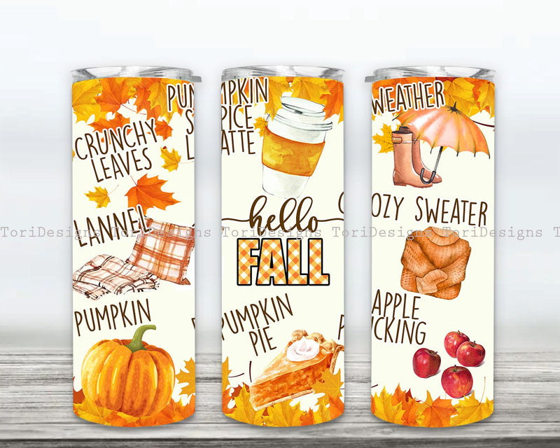 Hello Fall Tumbler PNG, Fall Sublimation Tumbler Design, Autum 20oz Skinny Tumbler Design PNG, Fall Tumbler Wrap Sublimation ToriDesigns 