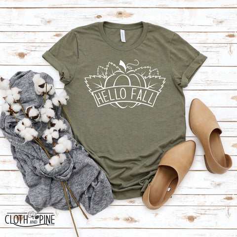 Hello Fall with Pumpkin and Fall Leaves Outline SVG Cloth and Pine Designs 