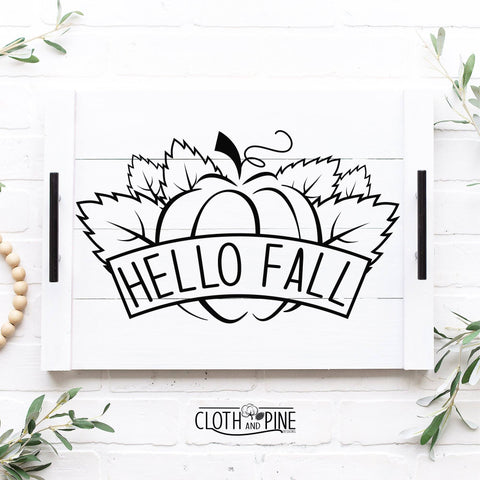 Hello Fall with Pumpkin and Fall Leaves Outline SVG Cloth and Pine Designs 