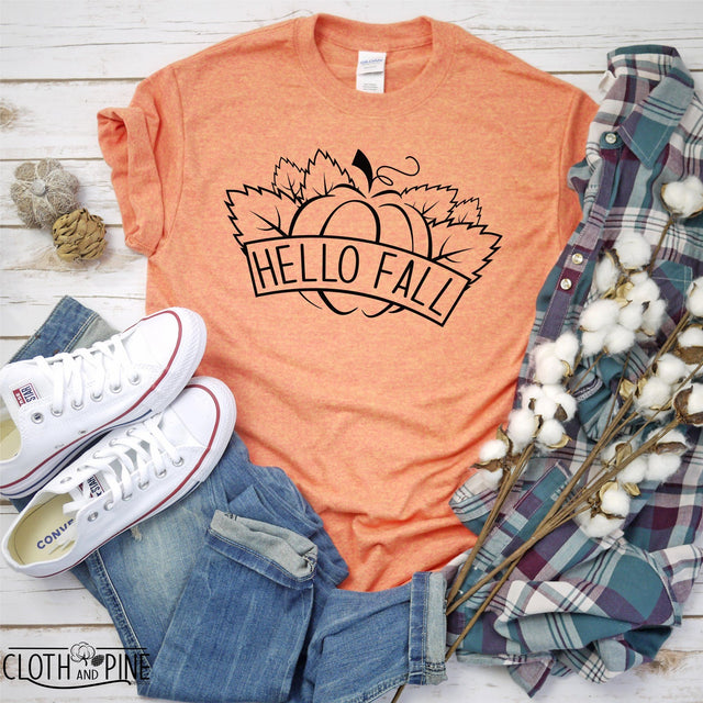 Hello Fall with Pumpkin and Fall Leaves Outline SVG Cloth and Pine Designs 