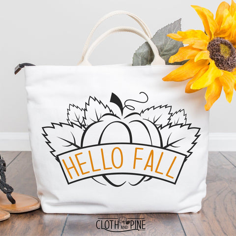 Hello Fall with Pumpkin and Fall Leaves Outline SVG Cloth and Pine Designs 