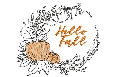 Hello Fall Wreath Embroidery Design. Autumn Line Art Wreath Embroidery/Applique DESIGNS NextEmbroidery 