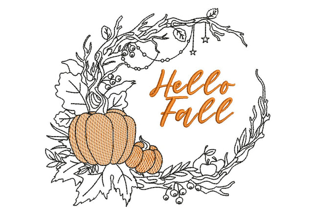 Hello Fall Wreath Embroidery Design. Autumn Line Art Wreath Embroidery/Applique DESIGNS NextEmbroidery 