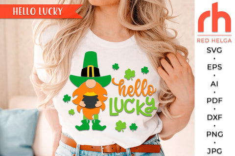 Hello Lucky SVG, Round Hanger Cut File, Gnome Door Sign DXF SVG RedHelgaArt 
