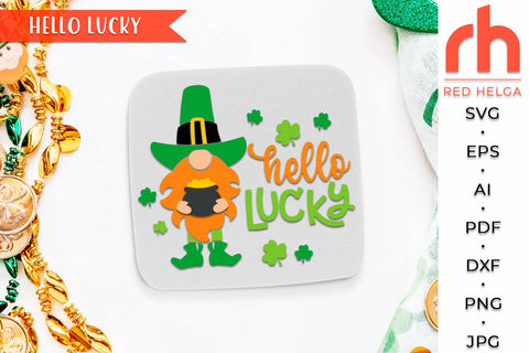 Hello Lucky SVG, Round Hanger Cut File, Gnome Door Sign DXF SVG RedHelgaArt 