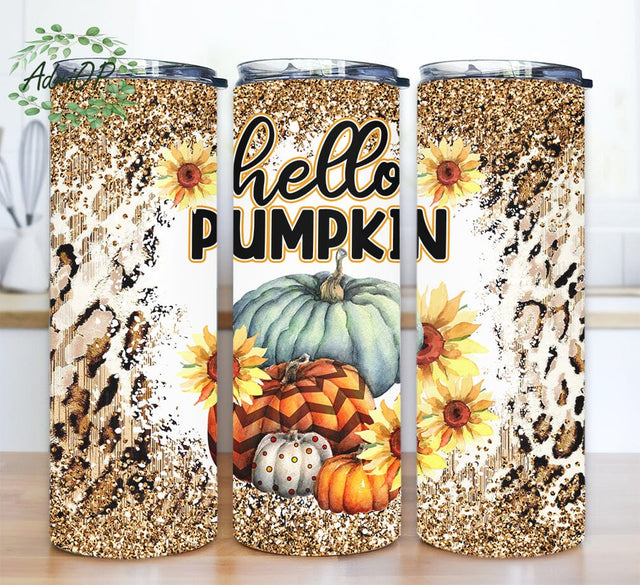 Hello Pumpkin 20oz Skinny Tumbler Png, Gold Leopard Glitter Tumbler Png, Leopard Fall Pumpkin, Gold Glitter Tumbler, Fall Tumbler Sublimation Design Sublimation AdriOP 