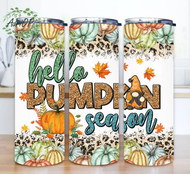 Hello Pumpkin Season 20oz Tumbler Png, Fall Png, Pumpkin Png, Fall Vibes Png, Leopard Glitter Pumpkin Tumbler, Halloween Gnome Tumbler Sublimation AdriOP 