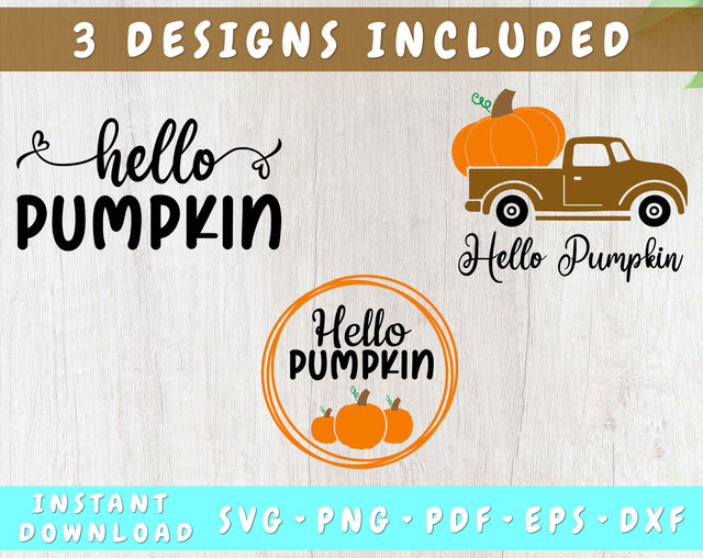 Hello Pumpkin SVG Cut Files, 3 Designs, Fall Buffalo Truck SVG SVG HappyDesignStudio 