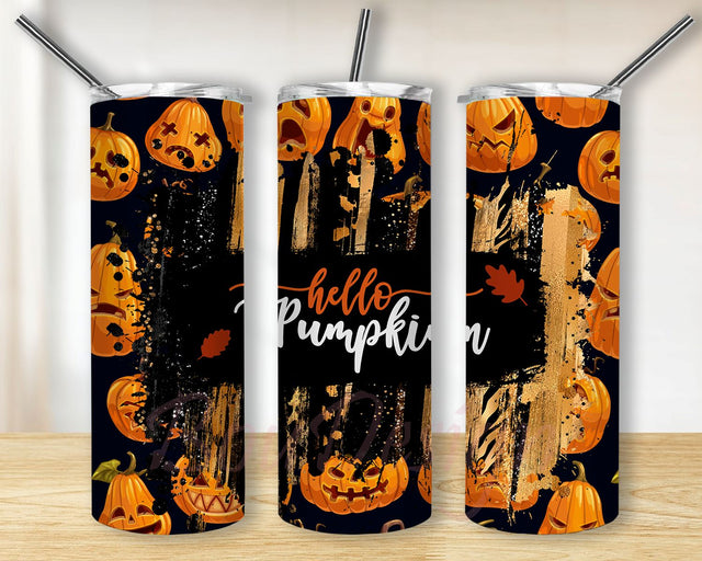 Hello pumpkin Tumbler Wrap, Western Leopard Fall Sublimation Design, 20 oz Skinny Tumbler, pumpkin Country Autumn Tumbler PNG Download File Sublimation BouDesign 
