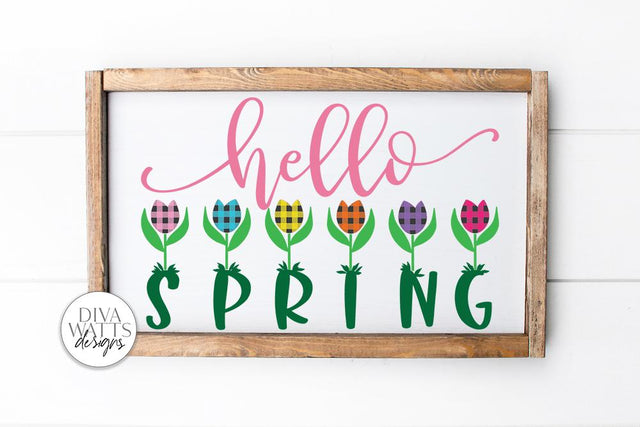Hello Spring Buffalo Plaid Tulips SVG | Solid Version Included | Farmhouse Sign SVG Diva Watts Designs 