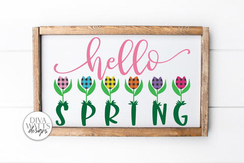 Hello Spring Buffalo Plaid Tulips SVG | Solid Version Included | Farmhouse Sign SVG Diva Watts Designs 