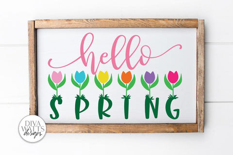 Hello Spring Buffalo Plaid Tulips SVG | Solid Version Included | Farmhouse Sign SVG Diva Watts Designs 