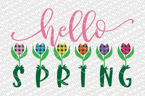 Hello Spring Buffalo Plaid Tulips SVG | Solid Version Included | Farmhouse Sign SVG Diva Watts Designs 
