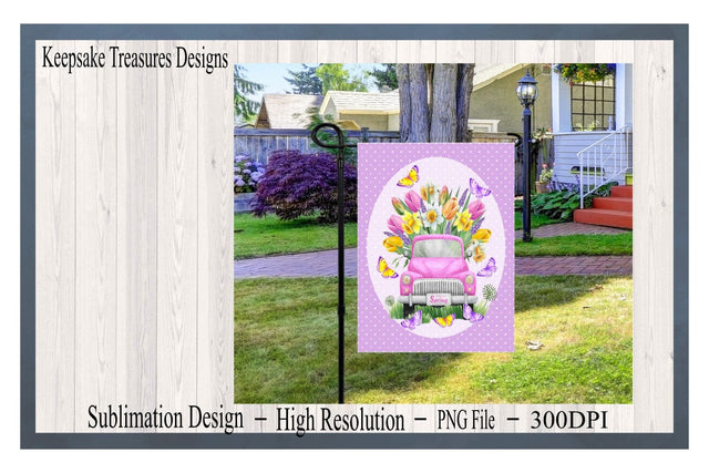 Hello Spring, Garden Flag Template, Vintage Truck, PNG Sublimation Design, Digital Download, Spring Yard Flag, Wreath Attachment Sublimation Keepsake Treasures Designs LLC. 