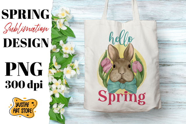 Hello spring Sublimation design. Tulip and Bunny illustration PNG Sublimation Yustaf Art Store 