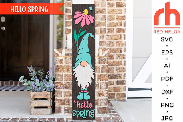 Hello Spring SVG, Porch Board Cut File, Gnome Sign DXF SVG RedHelgaArt 