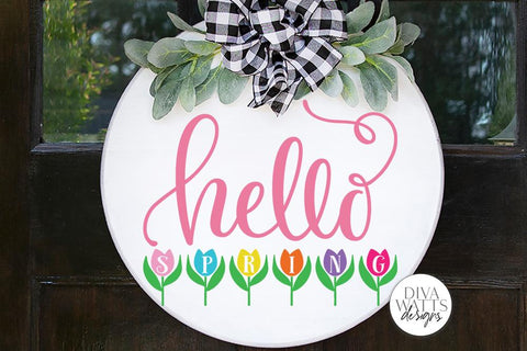 Hello Spring Tulips SVG | Round Farmhouse Sign | DXF and more! SVG Diva Watts Designs 