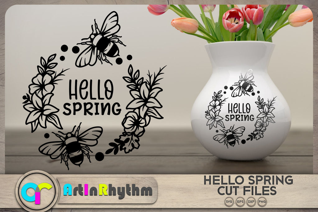 Hello spring / Wreath SVG / Flowers and bees - So Fontsy