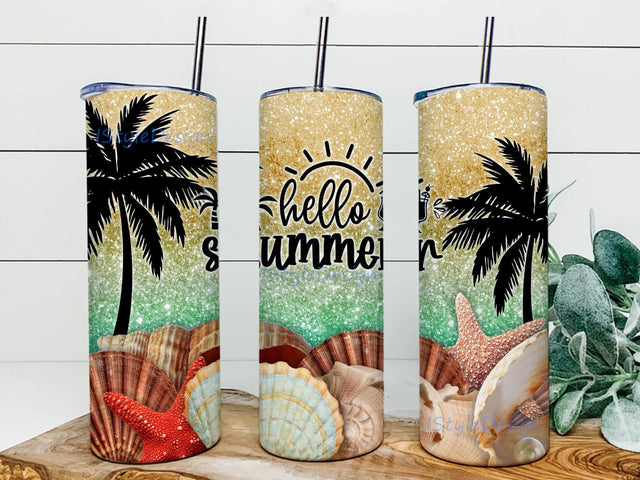 Hello Summer 20oz Skinny Tumbler Png, Glitter Seashell Tumbler, Beach Tumbler, Ocean Tumbler, Summer Beach Png, Mermaid Sea Shell Tumbler Png Sublimation iStyleDesign 