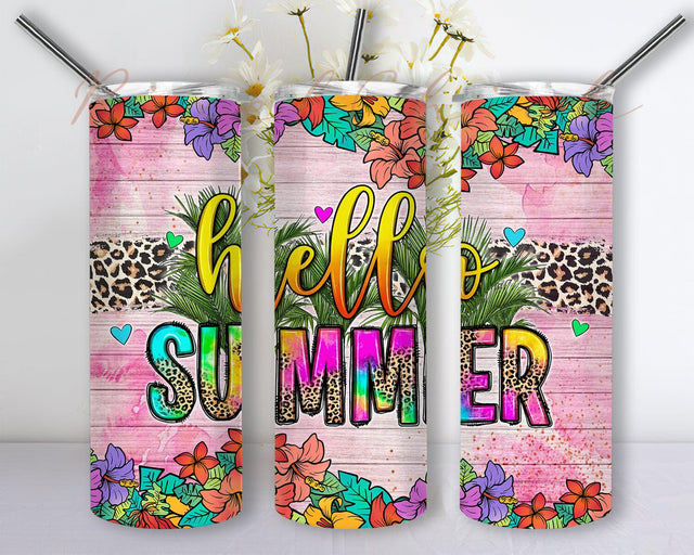 Hello Summer 20oz Skinny Tumbler, Summer Holiday Png, Leopard Summer Tumbler Png, Summer And Floral Tumbler Png, Love Summer Png Sublimation PixelChick 