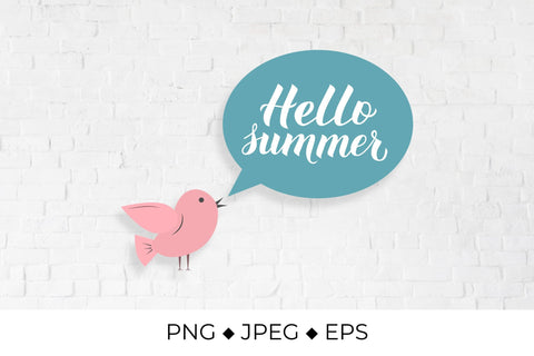 Hello summer calligraphy hand lettering with cute bird Sublimation LaBelezoka 