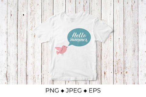 Hello summer calligraphy hand lettering with cute bird Sublimation LaBelezoka 