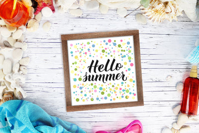 Hello summer calligraphy lettering on colorful confetti background Sublimation LaBelezoka 