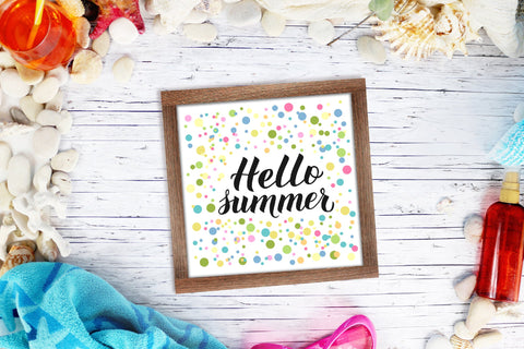 Hello summer calligraphy lettering on colorful confetti background Sublimation LaBelezoka 
